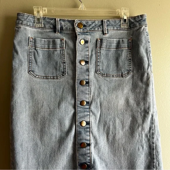 Cato Denim Blue Button Down Skirt Modest Midi - 14 - Picture 2 of 7
